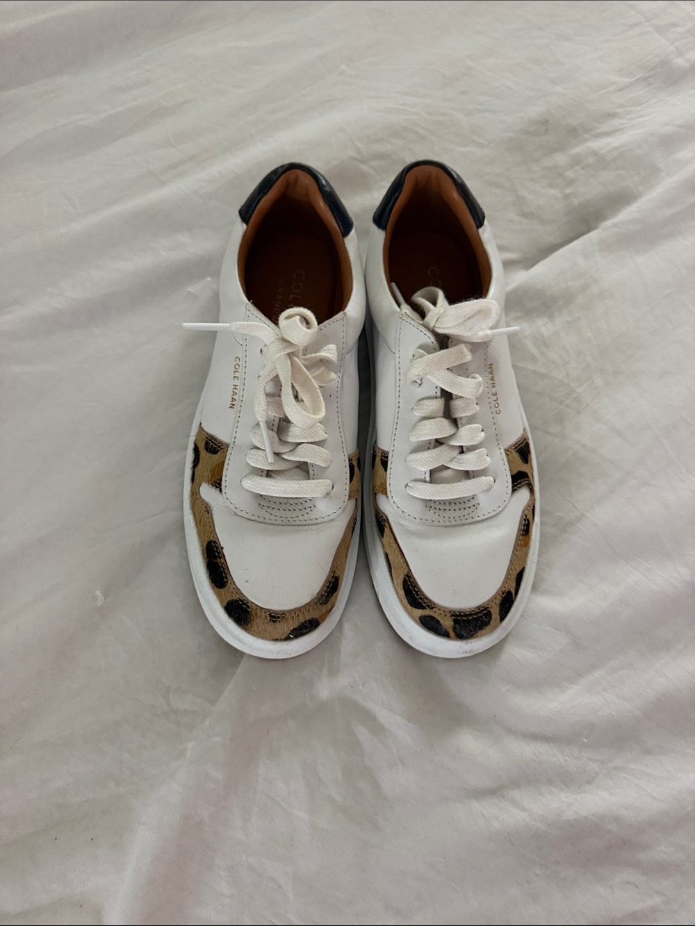 Cole Haan White Leather Sneakers with Leopard Accent and Black Heel